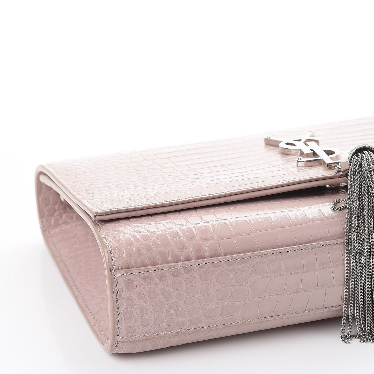 Calfskin Crocodile Embossed Medium Classic Monogram Kate Tassel Satchel Powder Pink