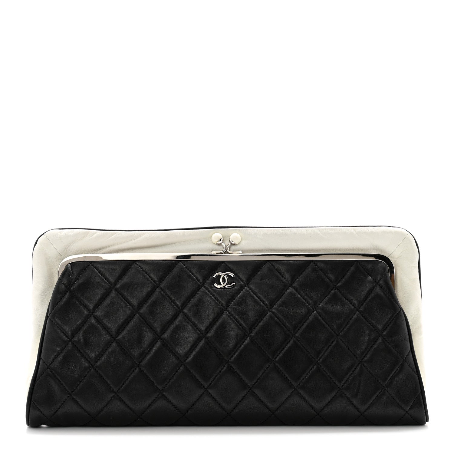 Chanel Lambskin Quilted Pearl Kiss Lock Clutch Black White 1 of 15