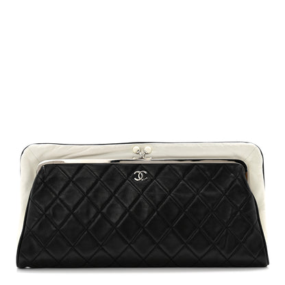 Chanel Lambskin Quilted Pearl Kiss Lock Clutch Black White 1 of 15
