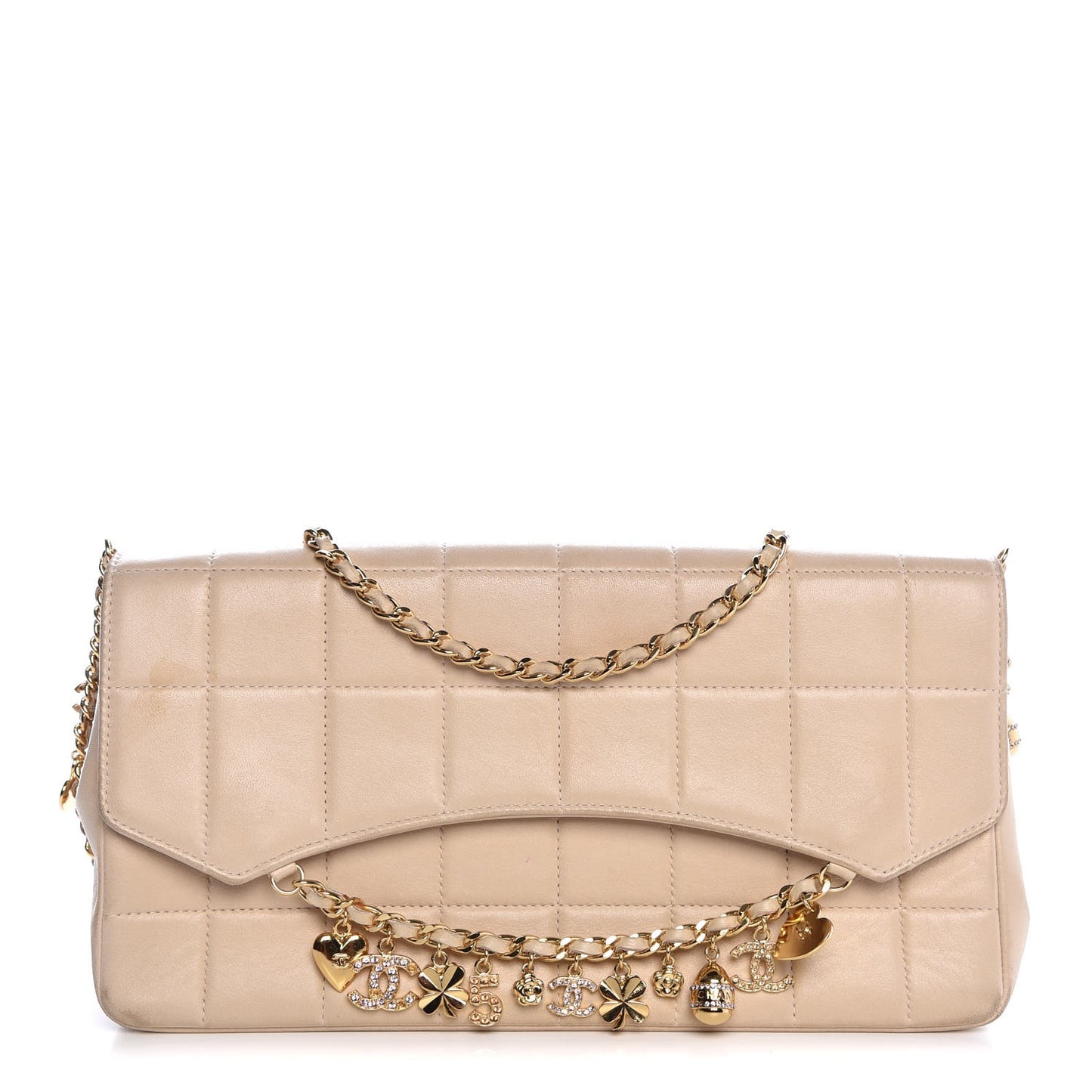 Lambskin Quilted Crystal Chocolate Bar Charm Flap Beige