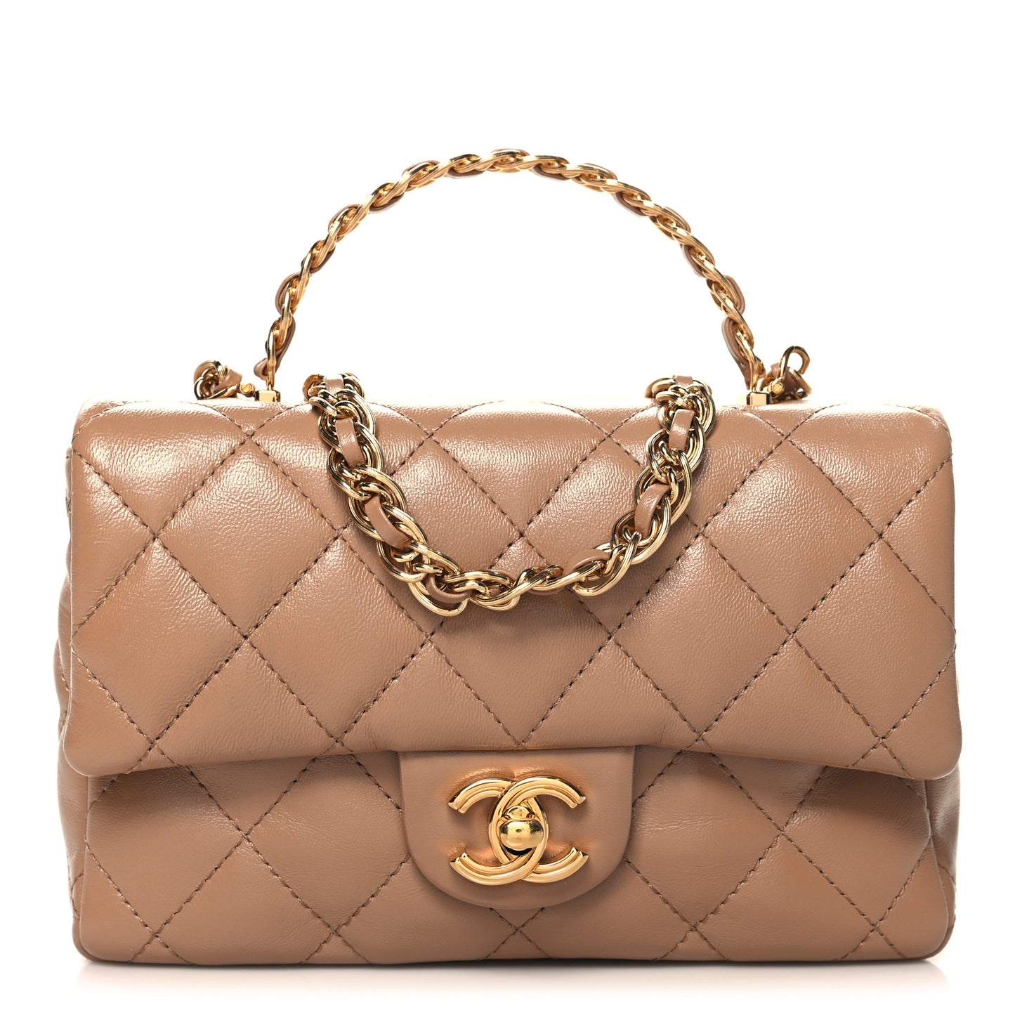 Lambskin Quilted Mini Chain Top Handle Rectangular Flap Beige