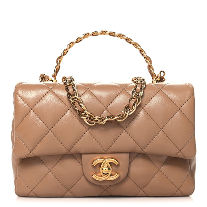 Chanel Lambskin Quilted Mini Chain Top Handle Rectangular Flap Beige 1 of 10