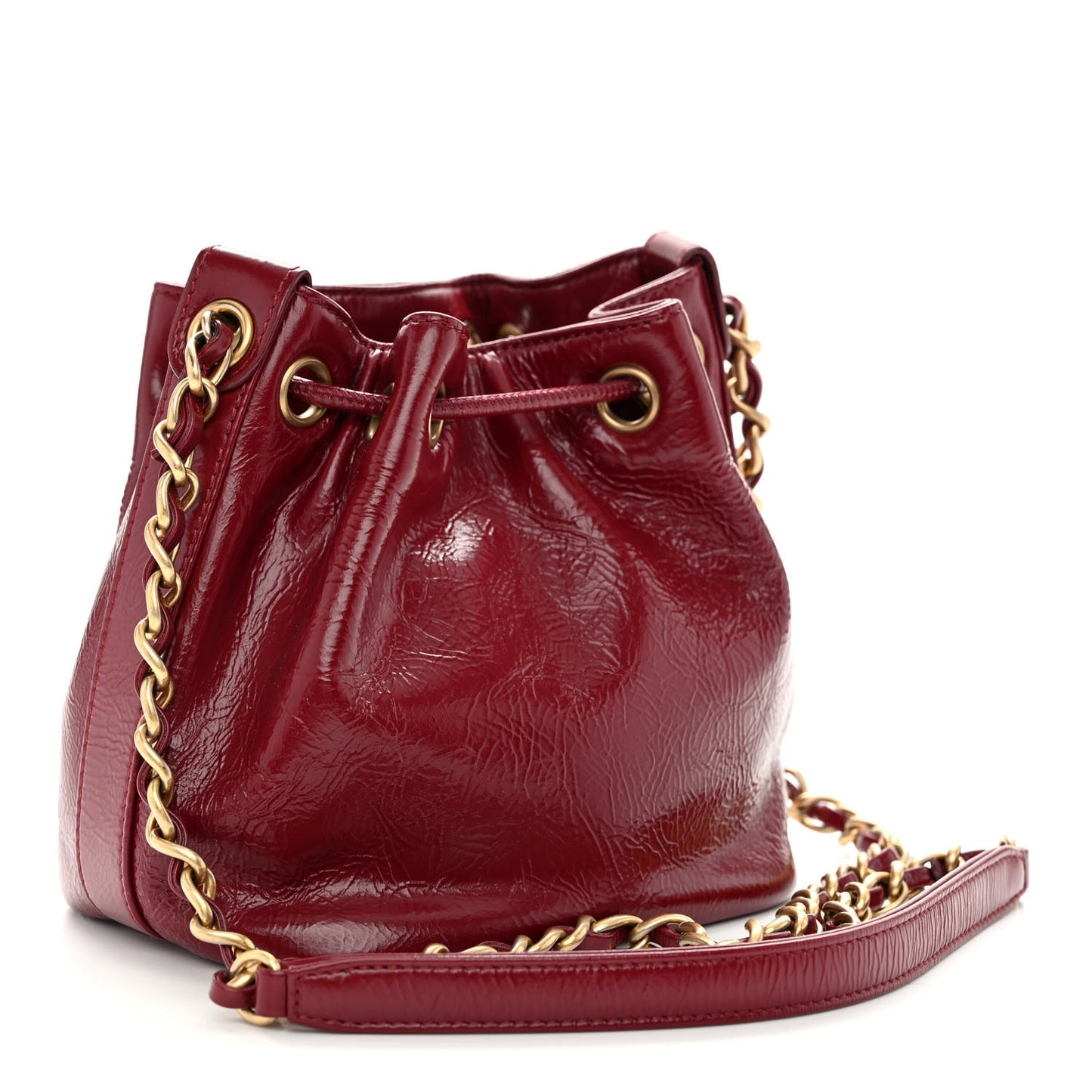 Shiny Aged Calfskin CC Chain Mini Drawstring Bag Red