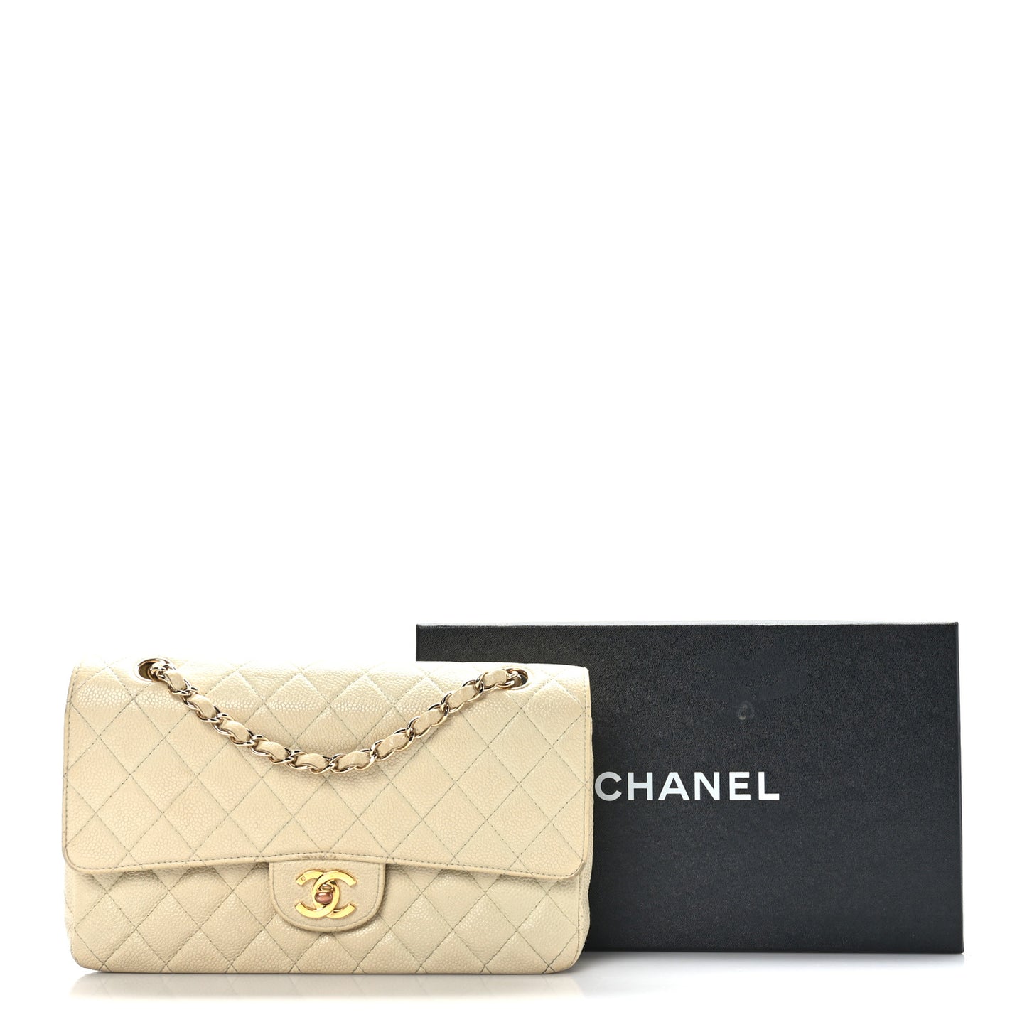 Caviar Quilted Medium Double Flap White