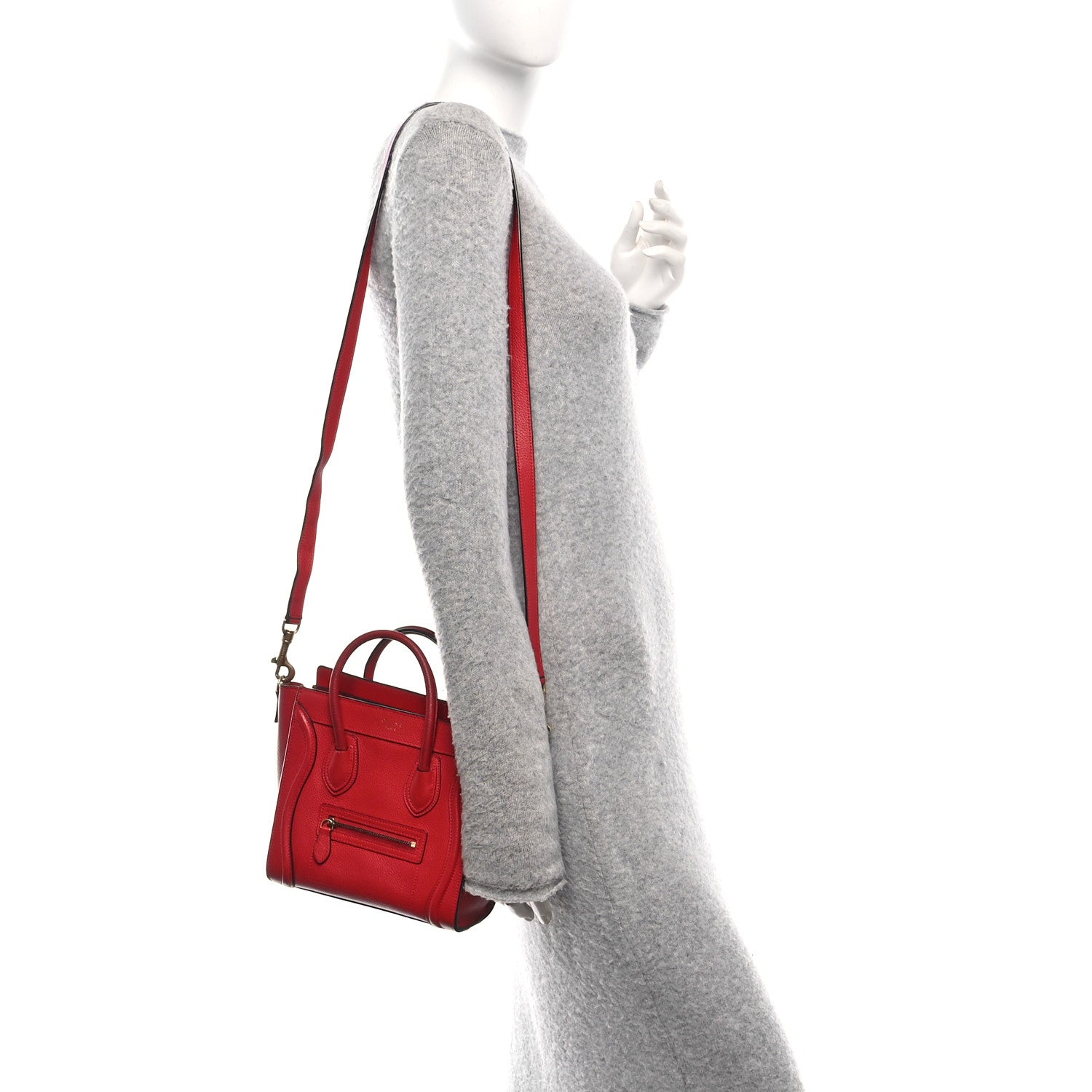 Celine Drummed Calfskin Nano Luggage Vermillion 2 of 12