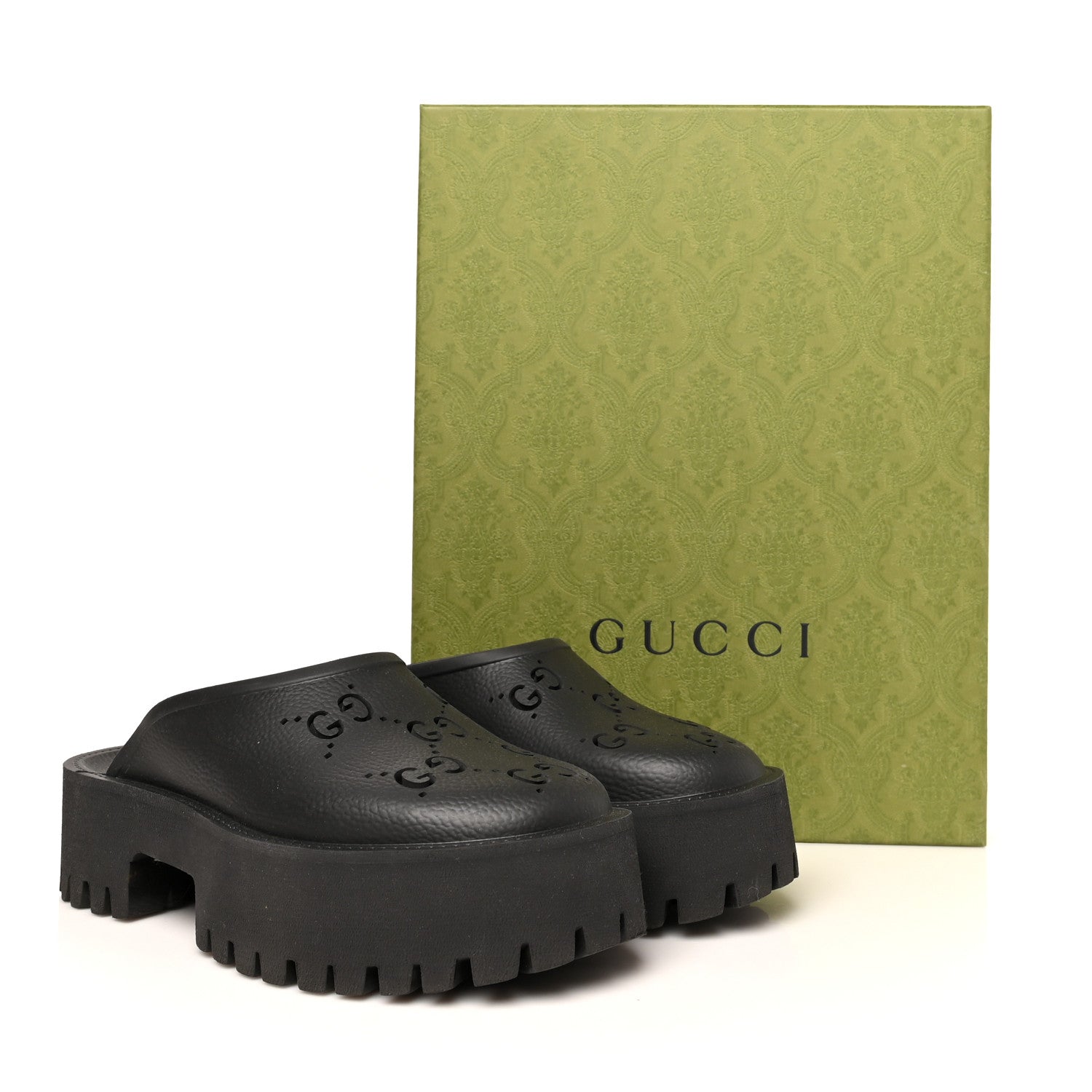 Gucci Rubber GG Monogram Perforated Elea Platform 55mm Lug Sole Sandals 39 Black 10 of 10