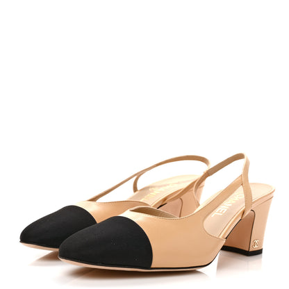 Chanel Goatskin Grosgrain Cap Toe CC Slingback Pumps 40 Beige Black 3 of 9