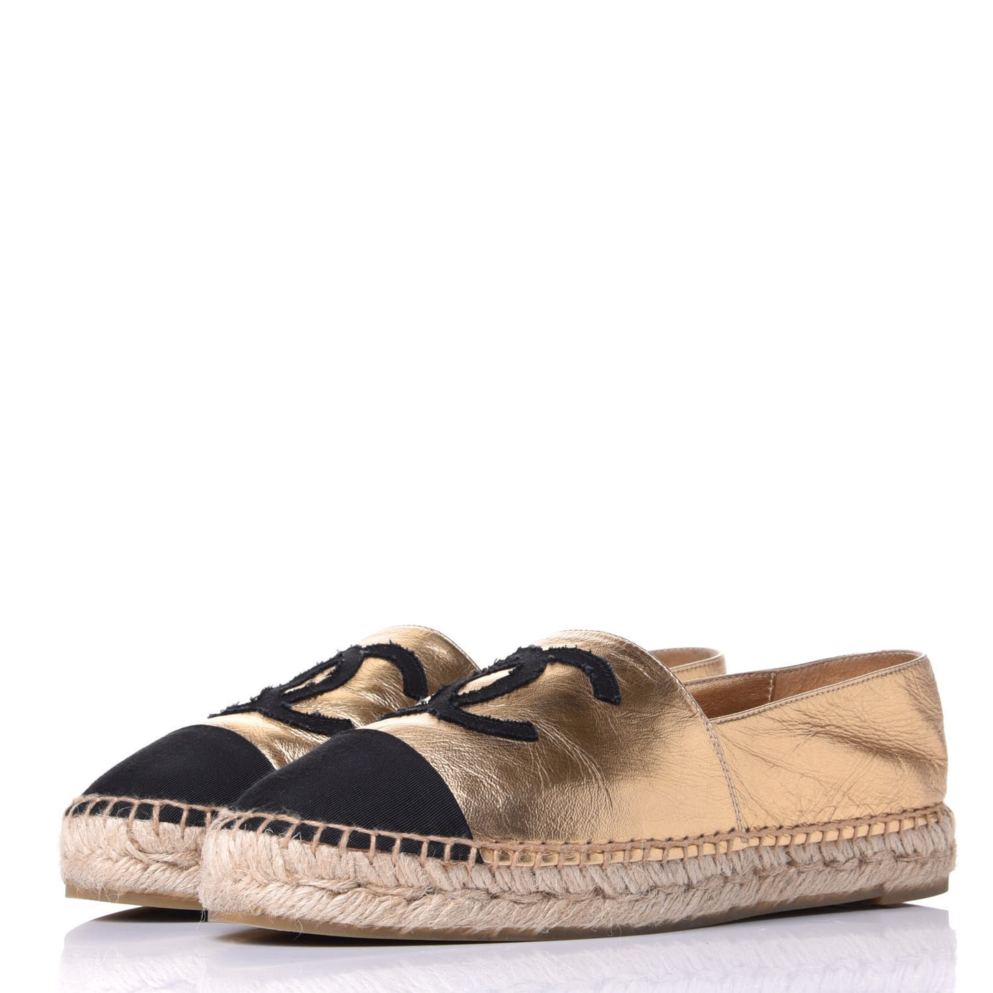 Laminated Lambskin Grosgrain CC Espadrilles 38 Gold Black