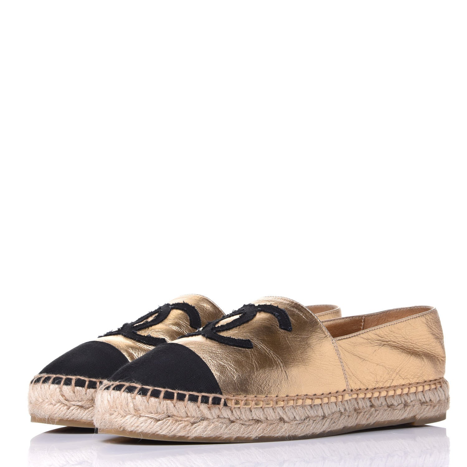 Chanel Laminated Lambskin Grosgrain CC Espadrilles 38 Gold Black 3 of 11