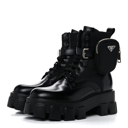 Prada Spazzolato Rois Nylon Metal Triangle Logo Monolith Pouch Pocket 55mm Boots 37 Black 3 of 16