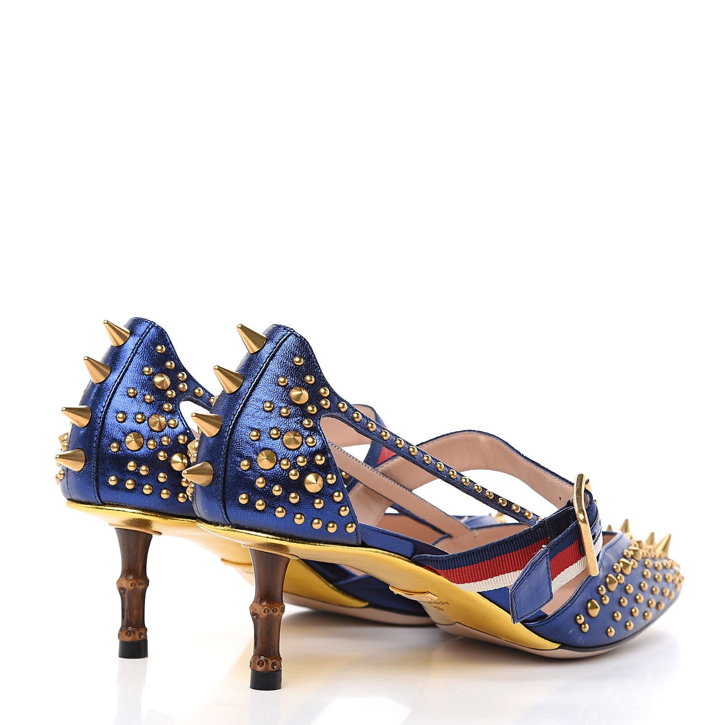 Metallic Nappa Silk Grosgrain Studded Sylvie Web Bamboo Low Heel Pumps 39 Sapphire