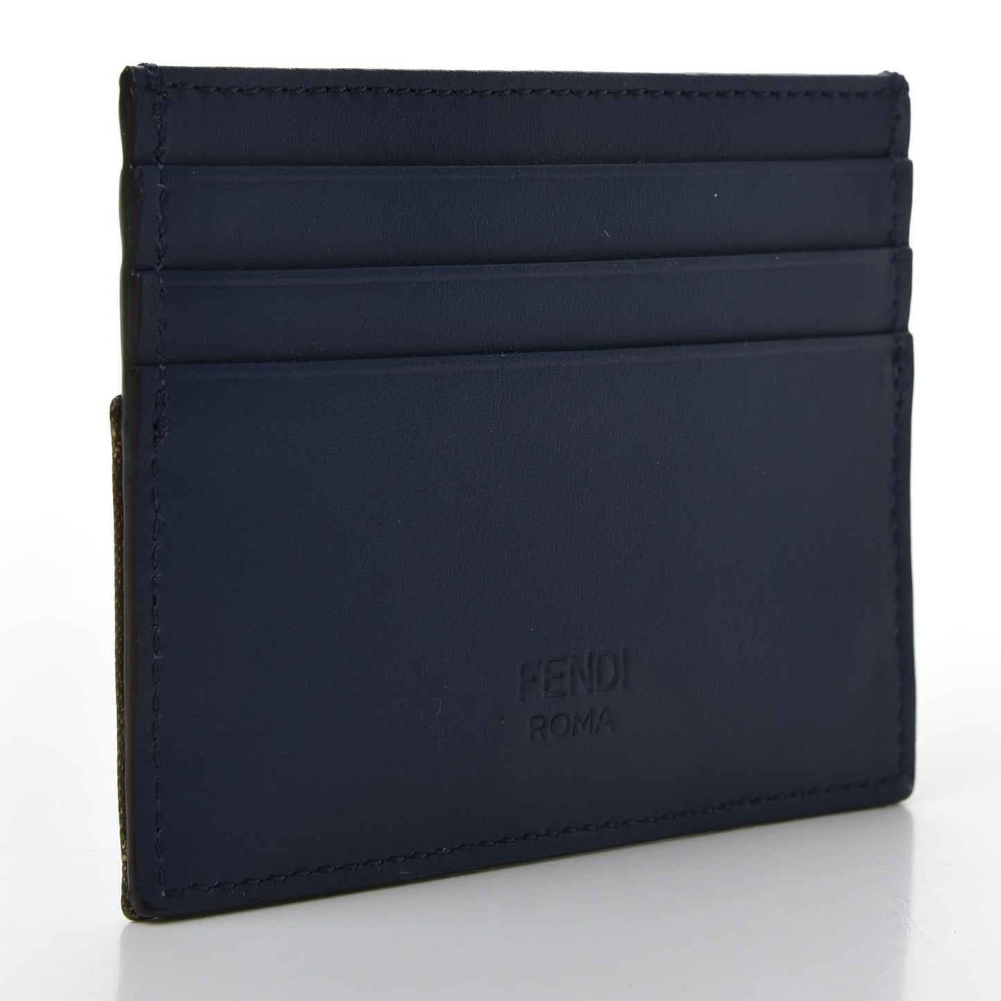 Vitello Century Glazed Fabric FF 1974 Card Holder Blu Scuro Mogano Panna