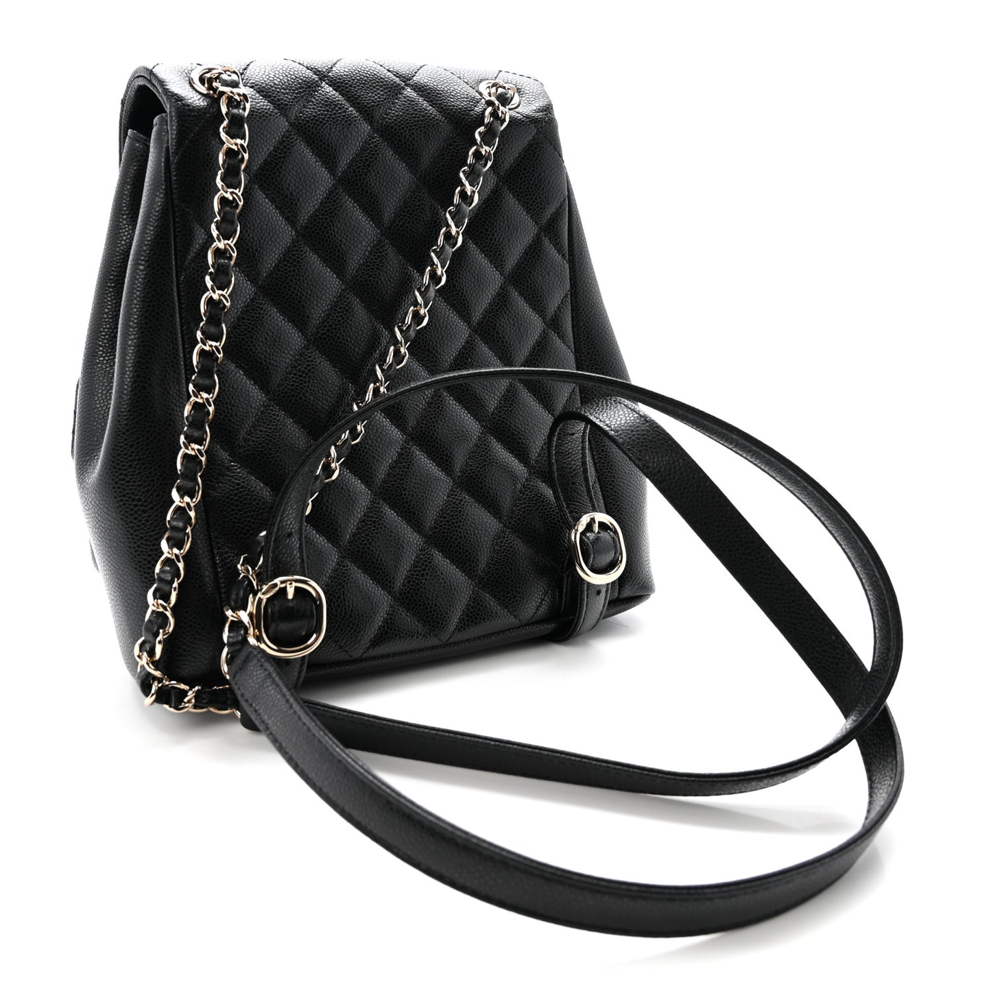 Shiny Caviar Quilted Medium Duma Pockets Drawstring Backpack Black