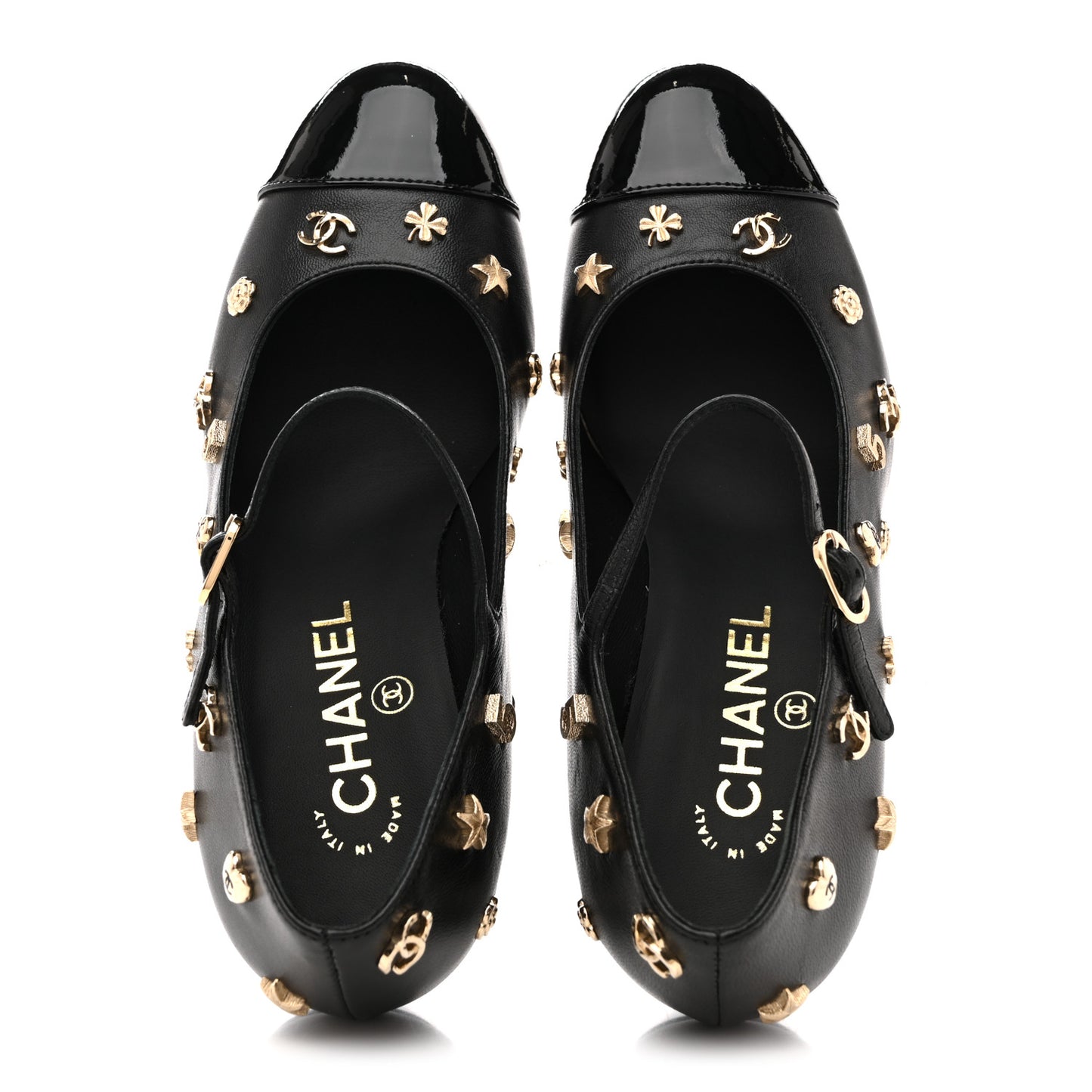 Lambskin Patent Cap Toe Charms Mary Jane Pumps 36.5 Black