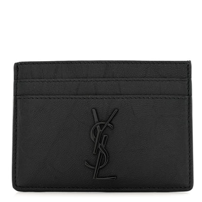 Saint Laurent Calfskin Crocodile Embossed Monogram Credit Card Case Black 1 of 8