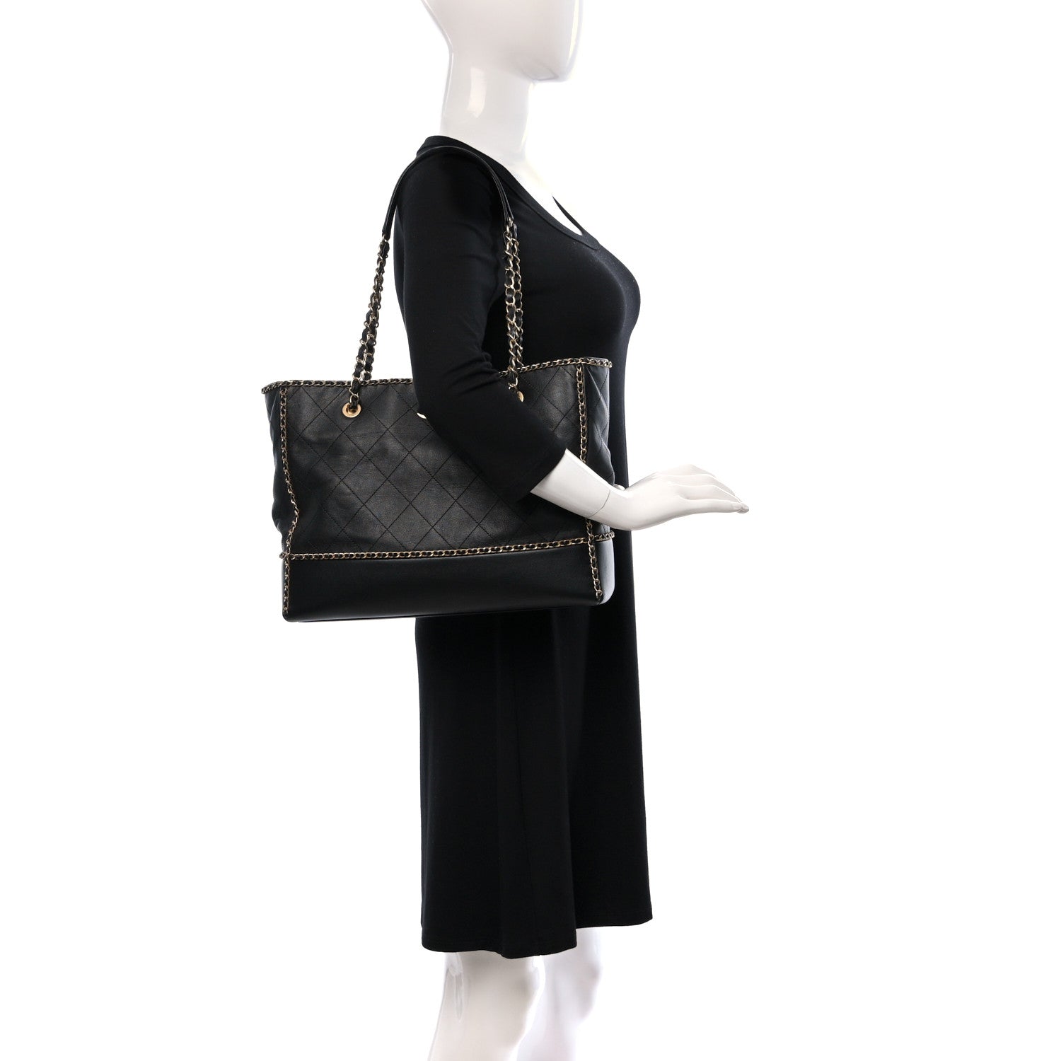 Chanel Calfskin Quilted Chain Lines Shopping Tote Black 2 of 11