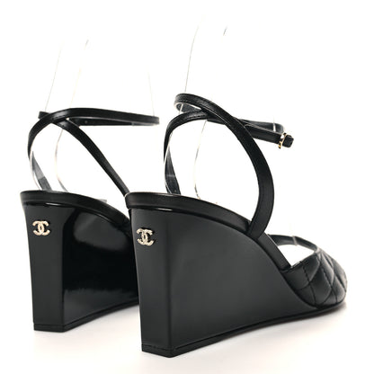 Chanel Lambskin Patent Quilted Wedge Sandals 36.5 Black 4 of 9