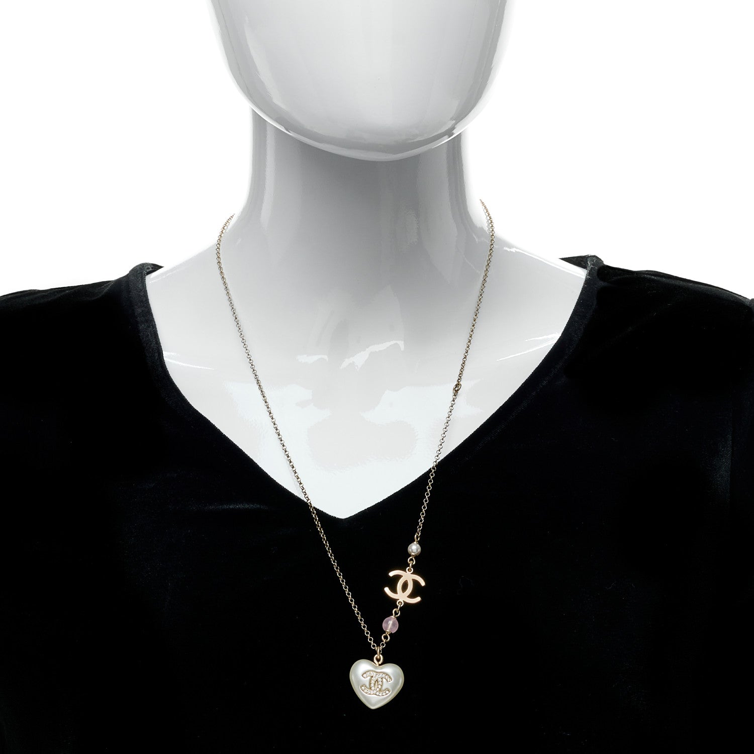 Chanel Resin Crystal CC Heart Necklace Pearly White Gold 2 of 6