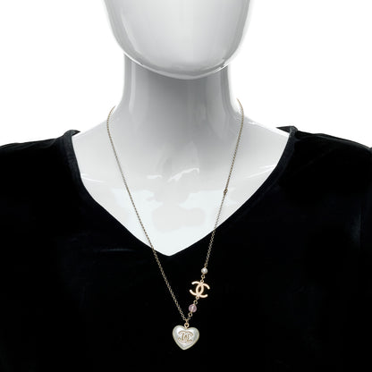Chanel Resin Crystal CC Heart Necklace Pearly White Gold 2 of 6