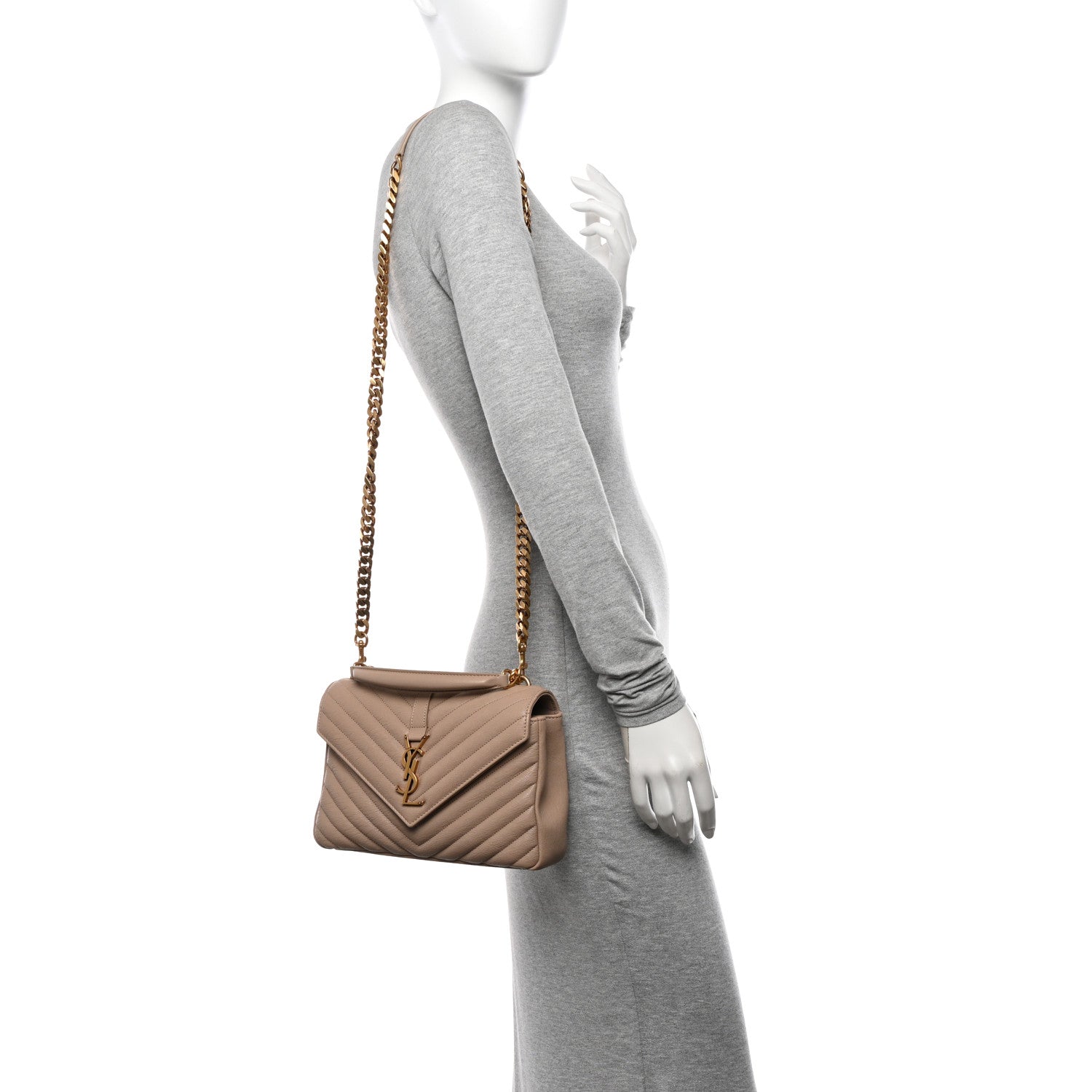 Saint Laurent Sheepskin Matelasse Chevron Monogram Medium College Bag Dark Beige 2 of 10