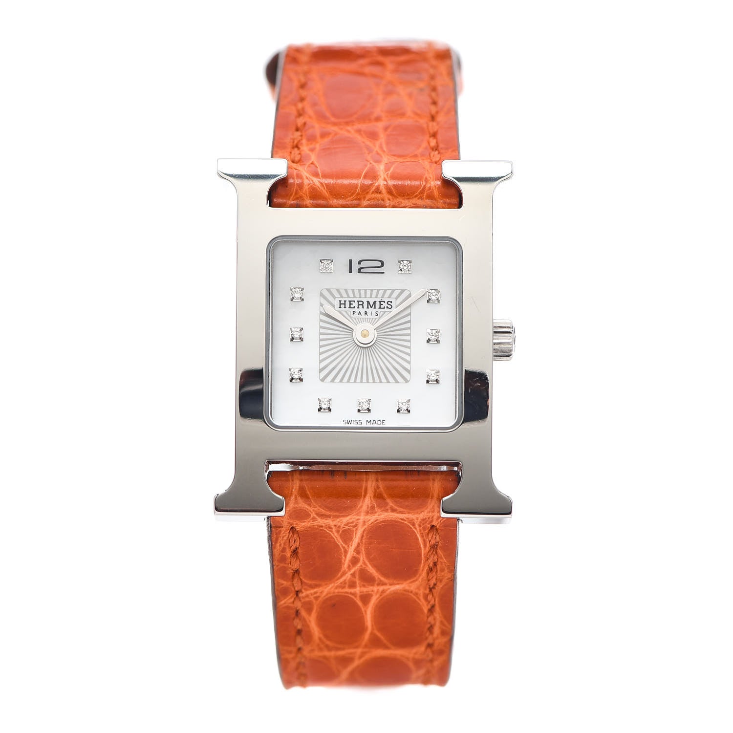 Hermes Stainless Steel Alligator Diamond Mother of Pearl 21mm Heure H Hour Quartz Watch Orange 1 of 5
