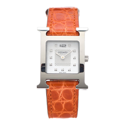 Hermes Stainless Steel Alligator Diamond Mother of Pearl 21mm Heure H Hour Quartz Watch Orange 1 of 5