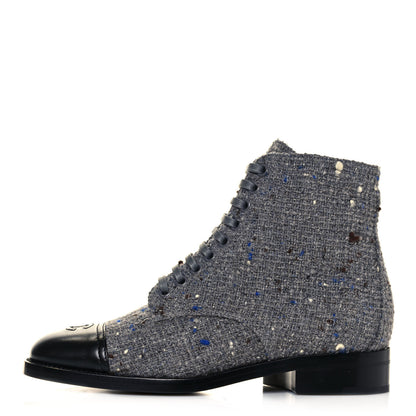 Chanel Tweed Lambskin Cap Toe CC Lace Up Boots 37 Grey Black 1 of 8