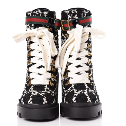 Gucci Tweed GG Monogram Lace Up Combat Ankle Boots 39.5 Black 2 of 9