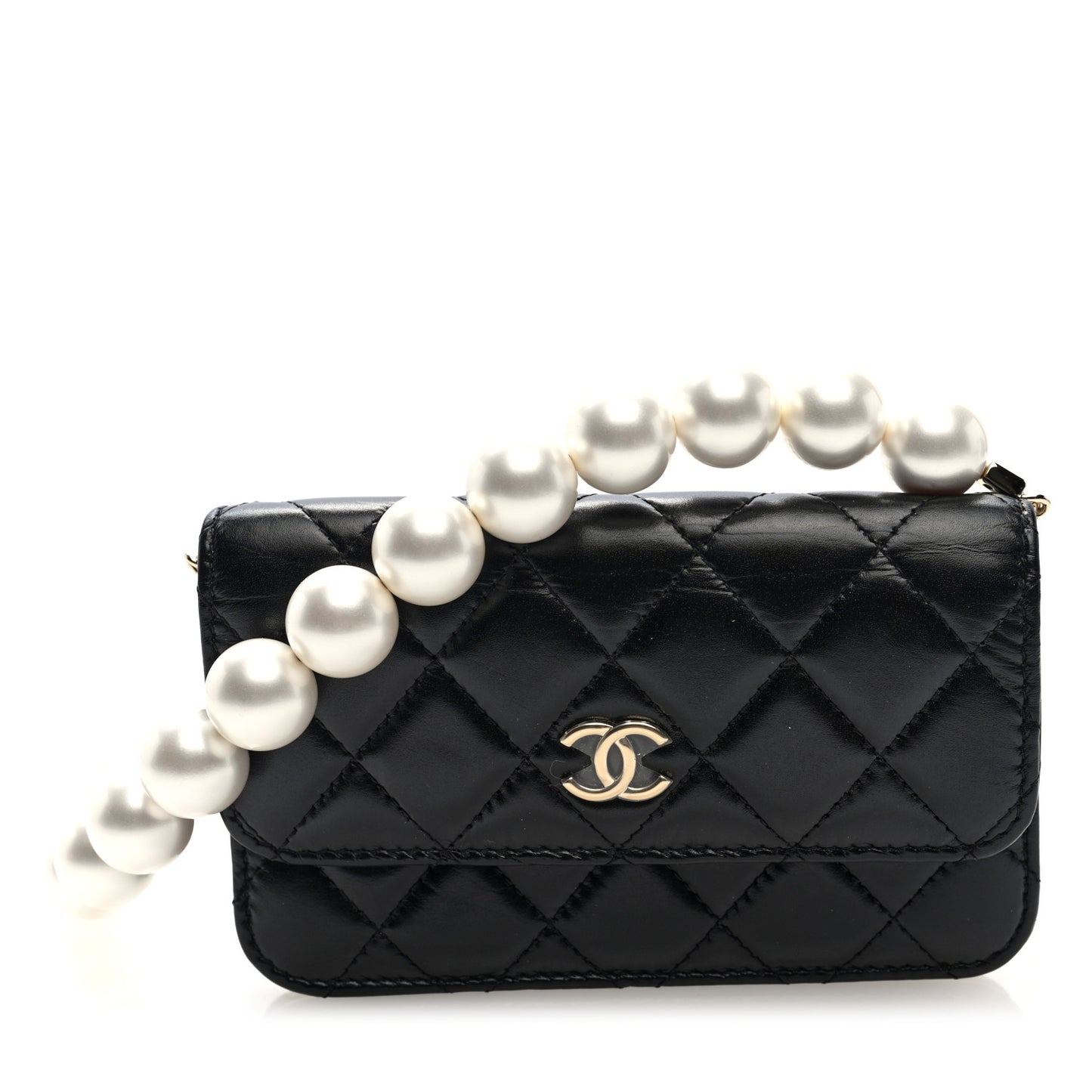 Calfskin Quilted Maxi Pearls Clutch With Chain Black