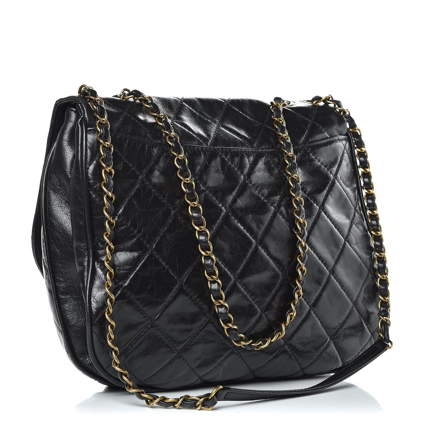 Aged Glazed Calfskin Quilted Large Bubble CC Flap Black