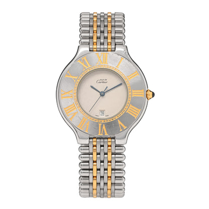 Cartier Stainless Steel 18K Yellow Gold 31mm Must De 21 Bullet Link Quartz Watch 1 of 4