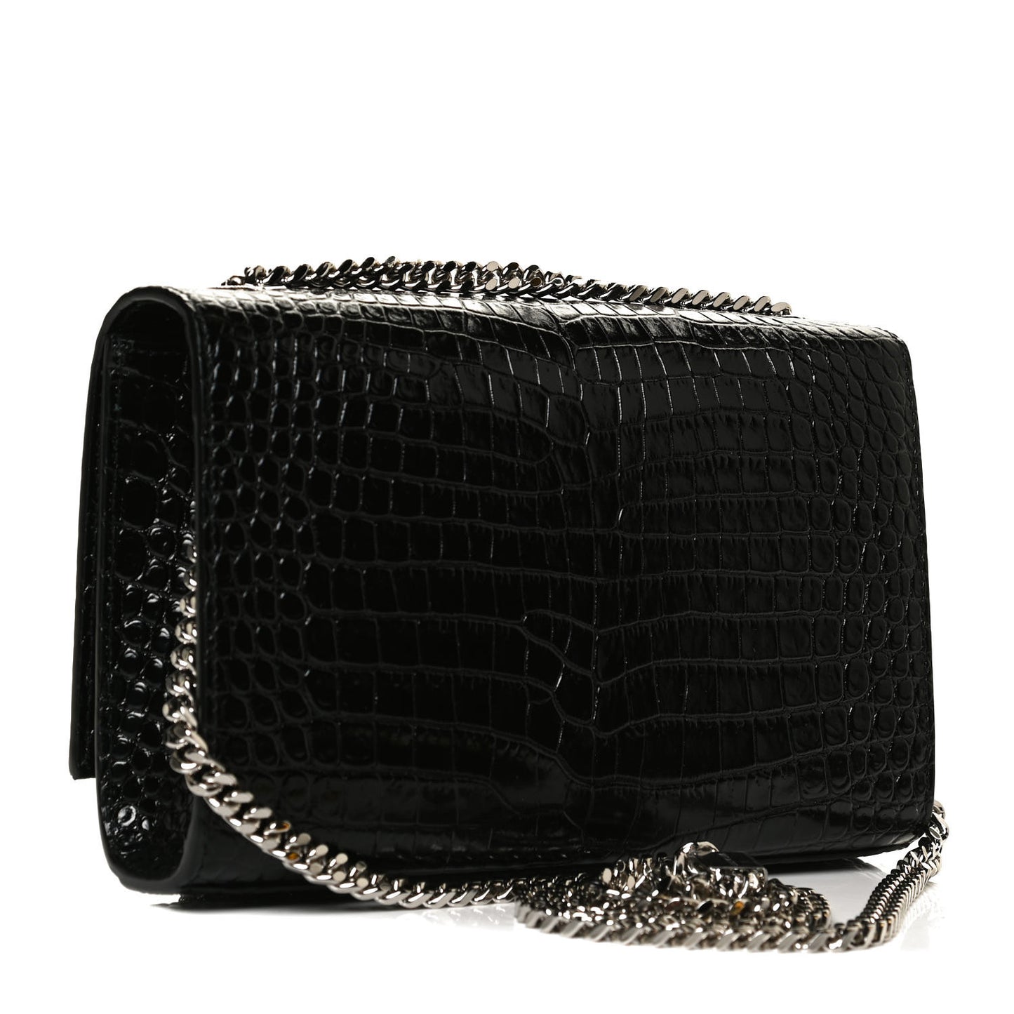 Calfskin Crocodile Embossed Small Classic Monogram Kate Tassel Satchel Black