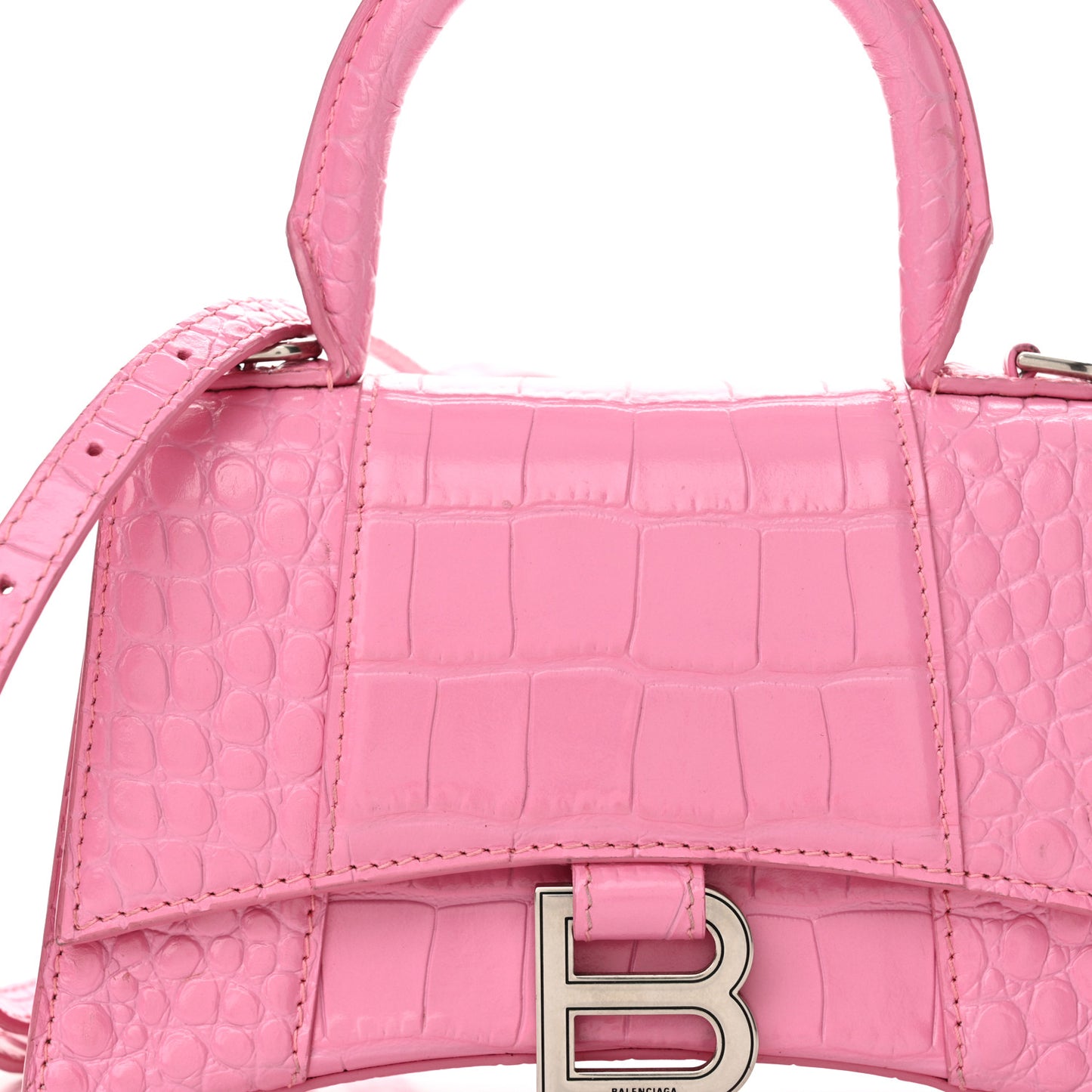 Shiny Calfskin Crocodile Embossed Hourglass Top Handle Bag XS Baby Pink
