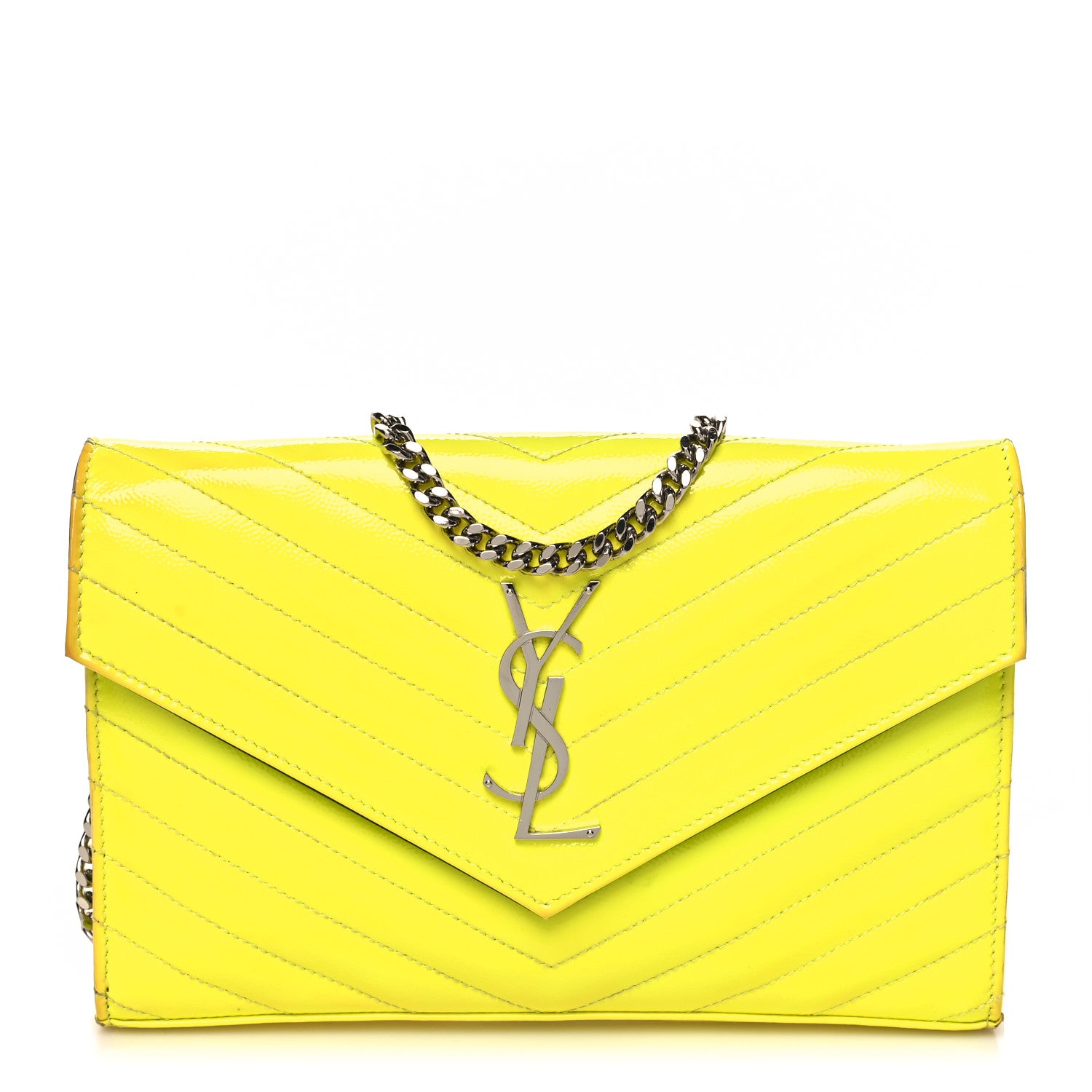 Saint Laurent Patent Grain De Poudre Matelasse Chevron Monogram Chain Wallet Neon Yellow 1 of 12