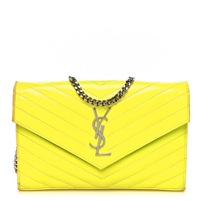 Saint Laurent Patent Grain De Poudre Matelasse Chevron Monogram Chain Wallet Neon Yellow 1 of 12