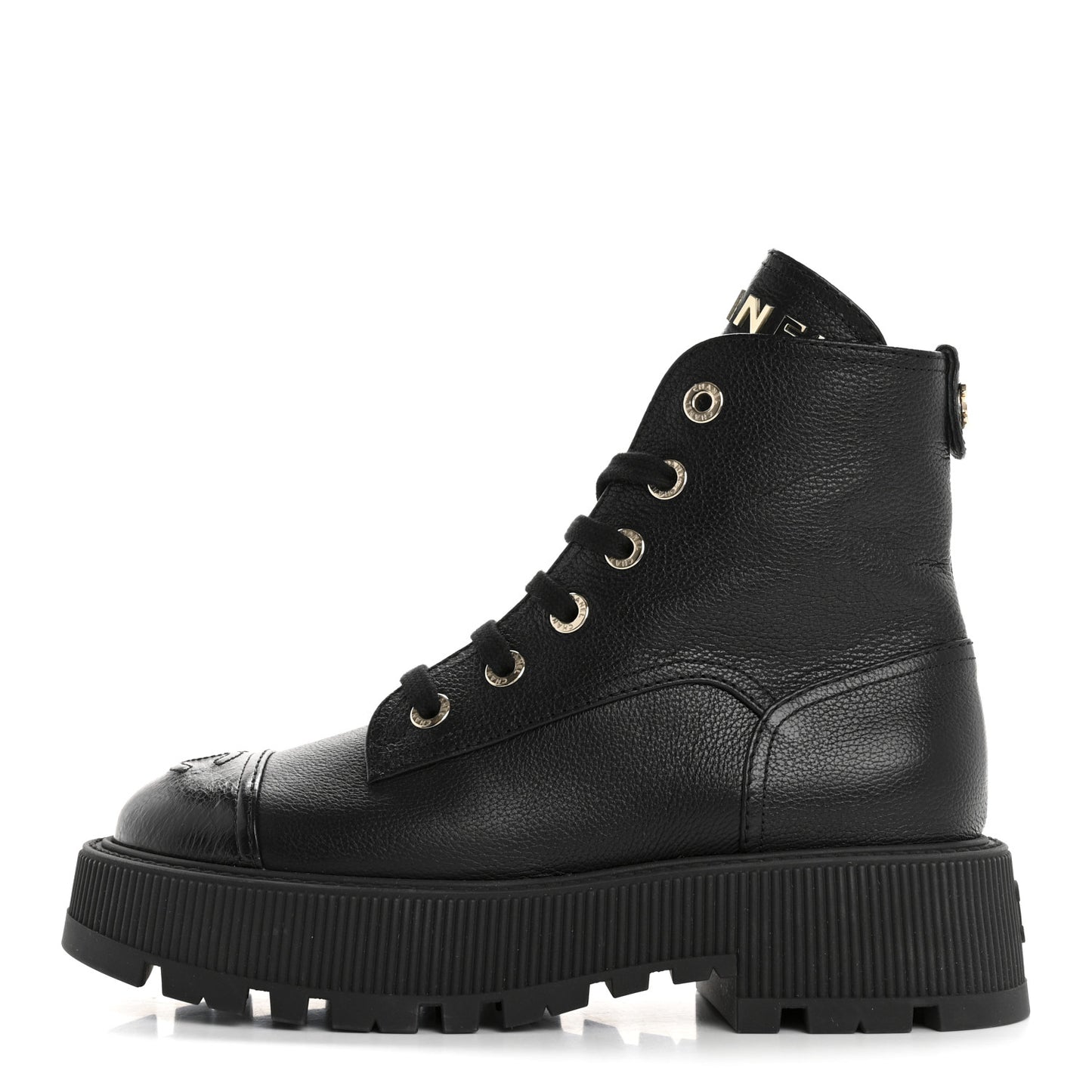Grained Calfskin Shiny Calfskin CC Lace Up Combat Boots 37.5 Black