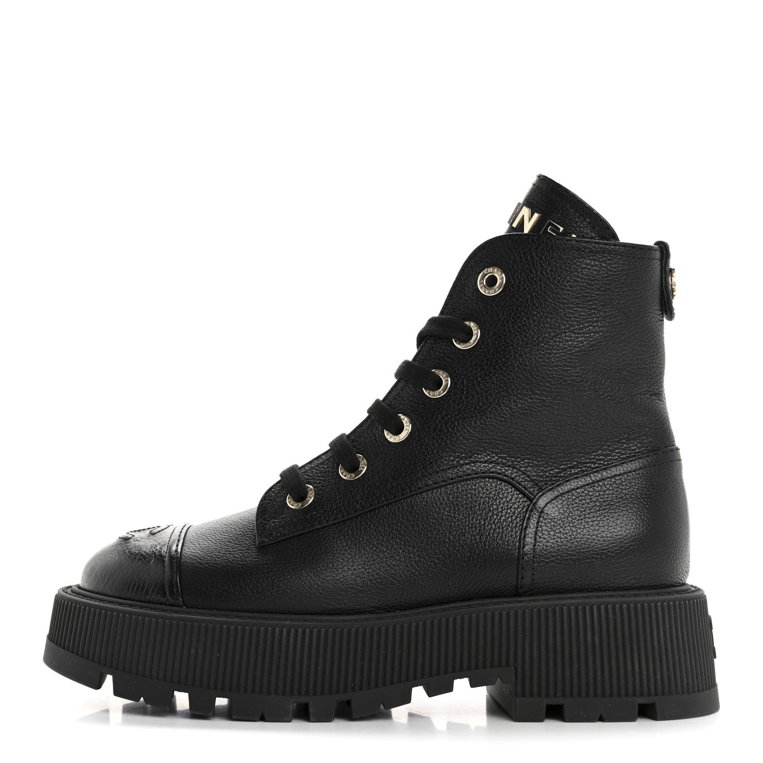 Chanel Grained Calfskin Shiny Calfskin CC Lace Up Combat Boots 37.5 Black 1 of 10