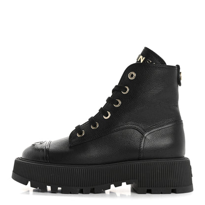 Chanel Grained Calfskin Shiny Calfskin CC Lace Up Combat Boots 37.5 Black 1 of 10