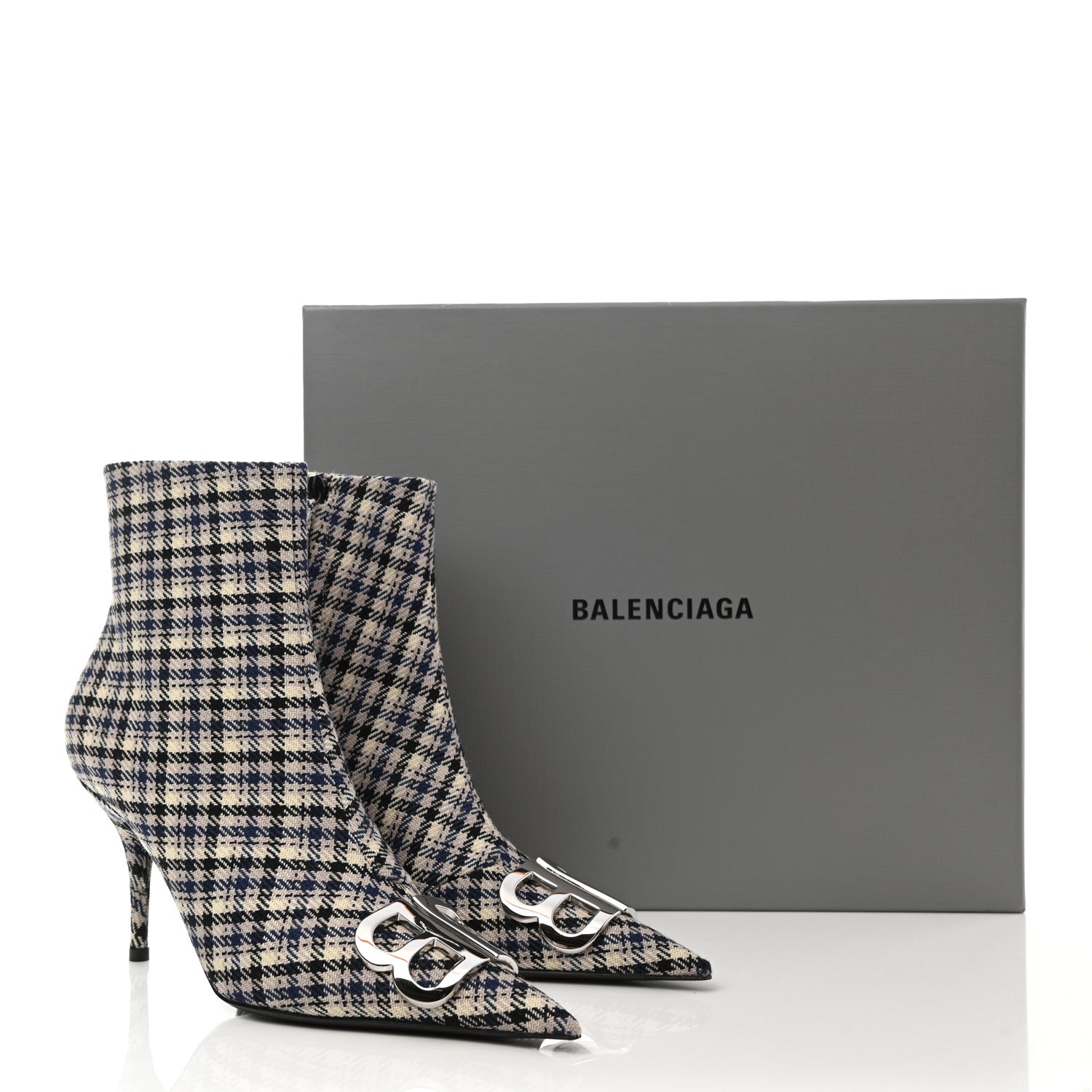 Balenciaga Wool Check BB Pointy Toe Ankle Booties 40 Beige Navy Silver 9 of 9