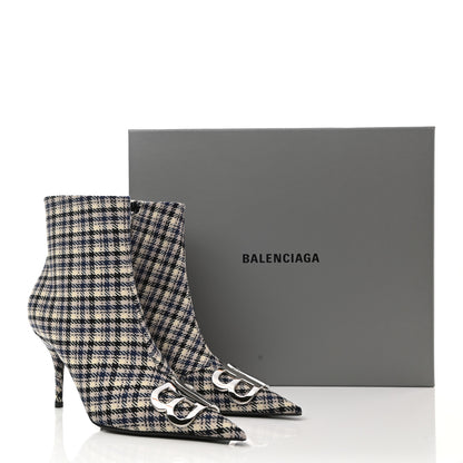 Balenciaga Wool Check BB Pointy Toe Ankle Booties 40 Beige Navy Silver 9 of 9