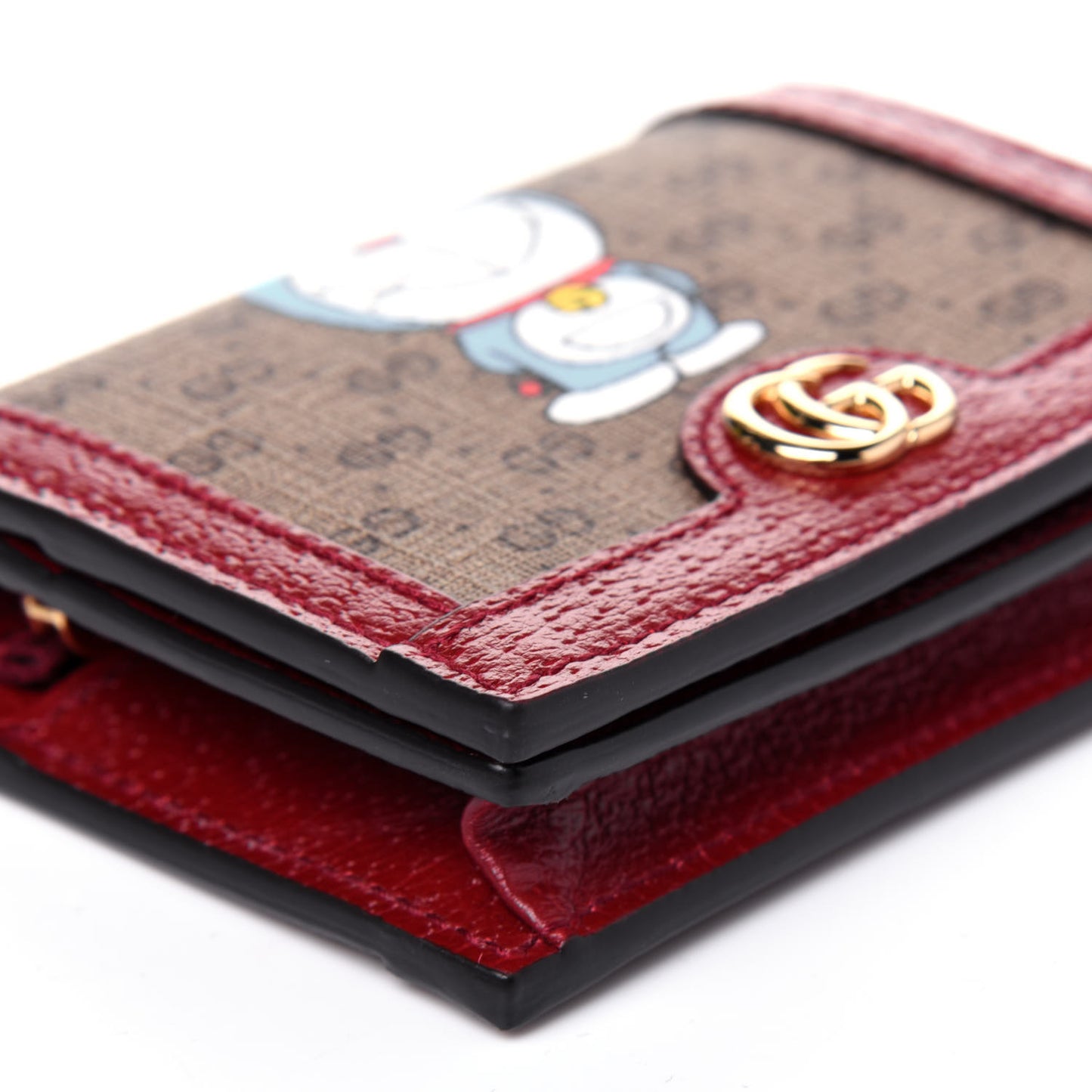 X DORAEMON Mini Vintage GG Supreme Monogram Card Case Wallet Beige Cherry Red