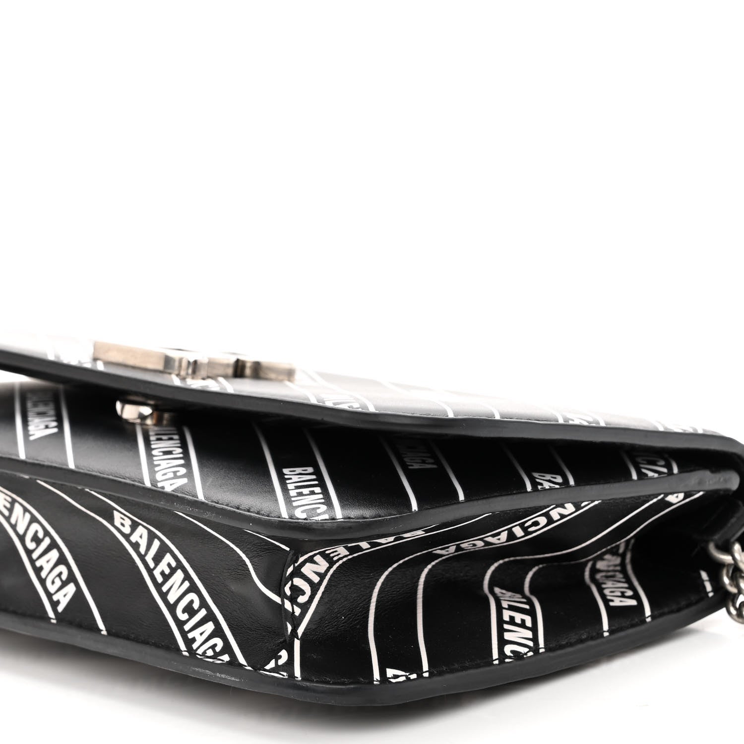 Balenciaga Matte Calfskin Diagonal Allover Logo Print B Wallet on Chain Black White 9 of 9