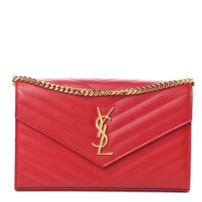 Saint Laurent Grain De Poudre Matelasse Chevron Monogram Chain Wallet Red 1 of 9
