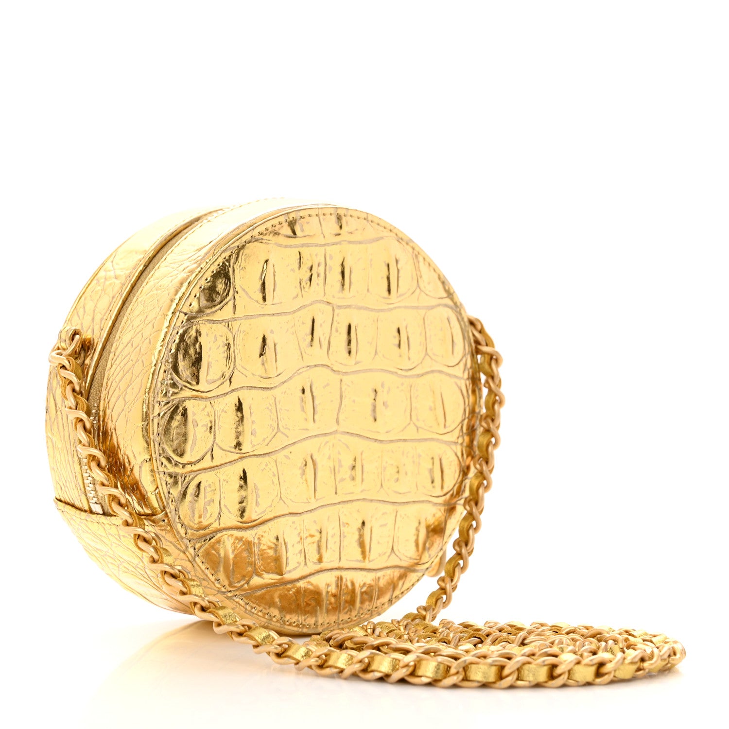 Chanel Metallic Calfskin Crocodile Embossed Cocodile Round Clutch with Chain Gold 3 of 12