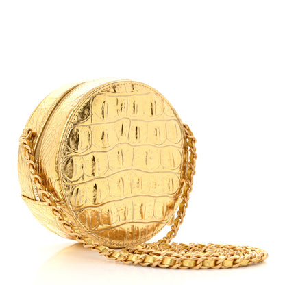 Chanel Metallic Calfskin Crocodile Embossed Cocodile Round Clutch with Chain Gold 3 of 12