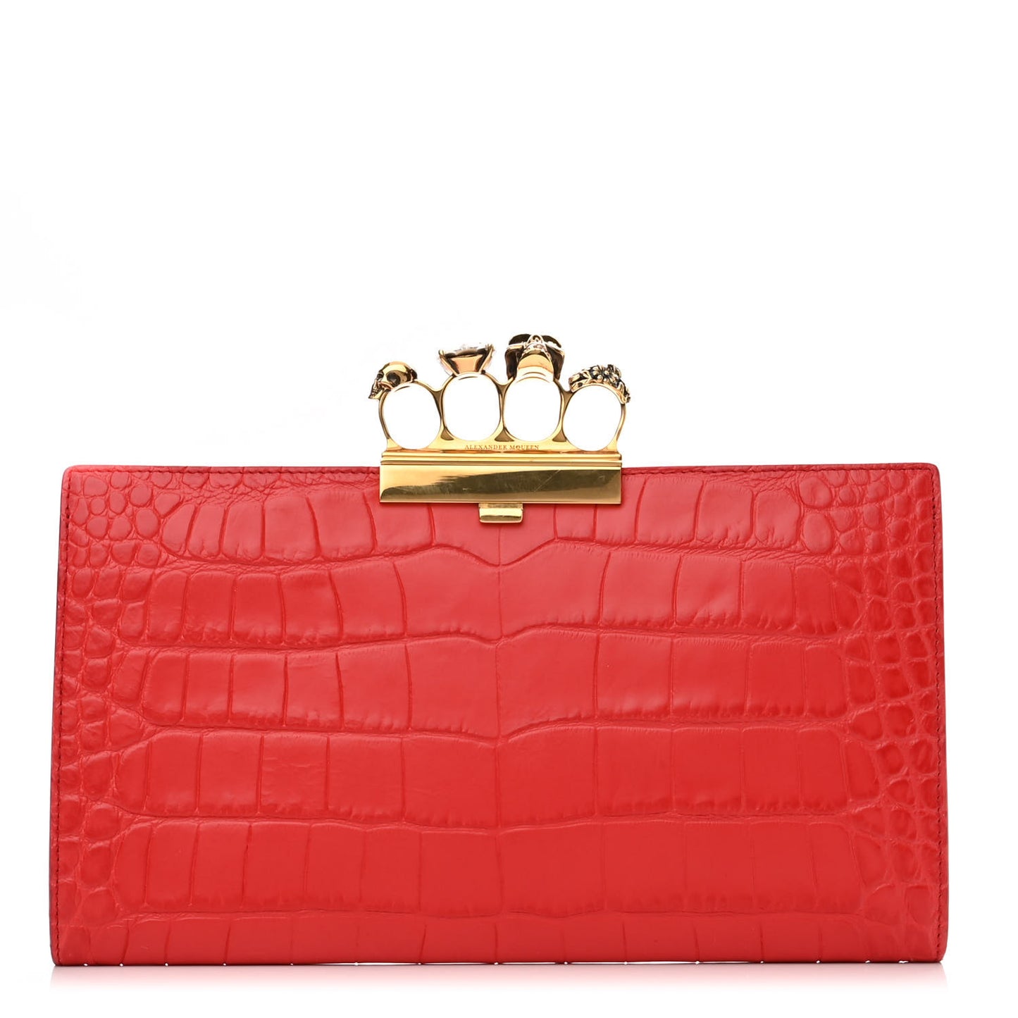 Calfskin Crocodile Embossed Knuckle Flat Clutch Red