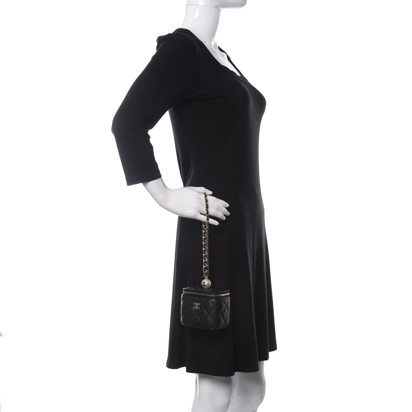 Caviar Quilted Mini Pearl On Top Vanity Case With Chain Black