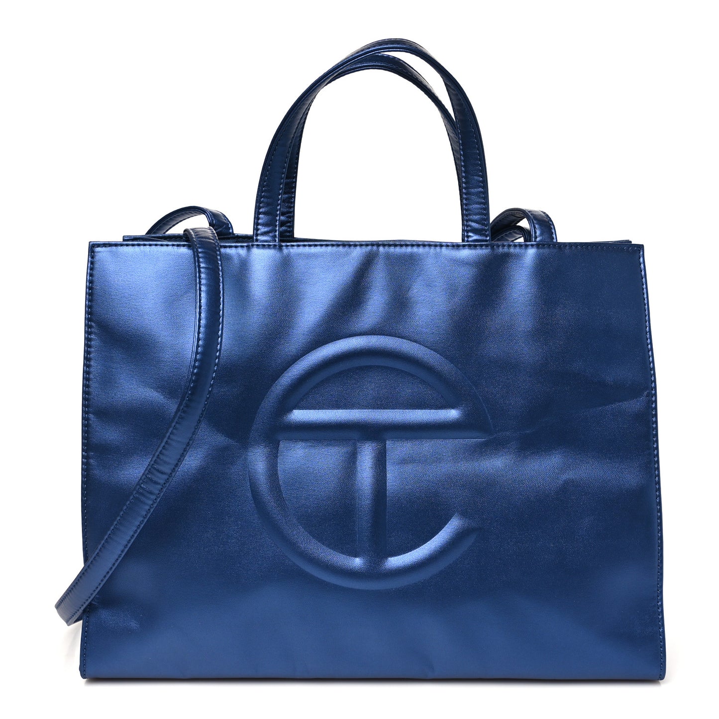 Metallic Vegan Leather Medium Shopping Bag Cobalt
