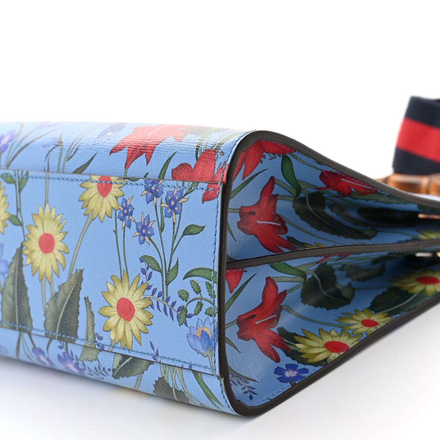 Calfskin Bamboo Web New Flora Small Nymphaea Top Handle Bag Azure