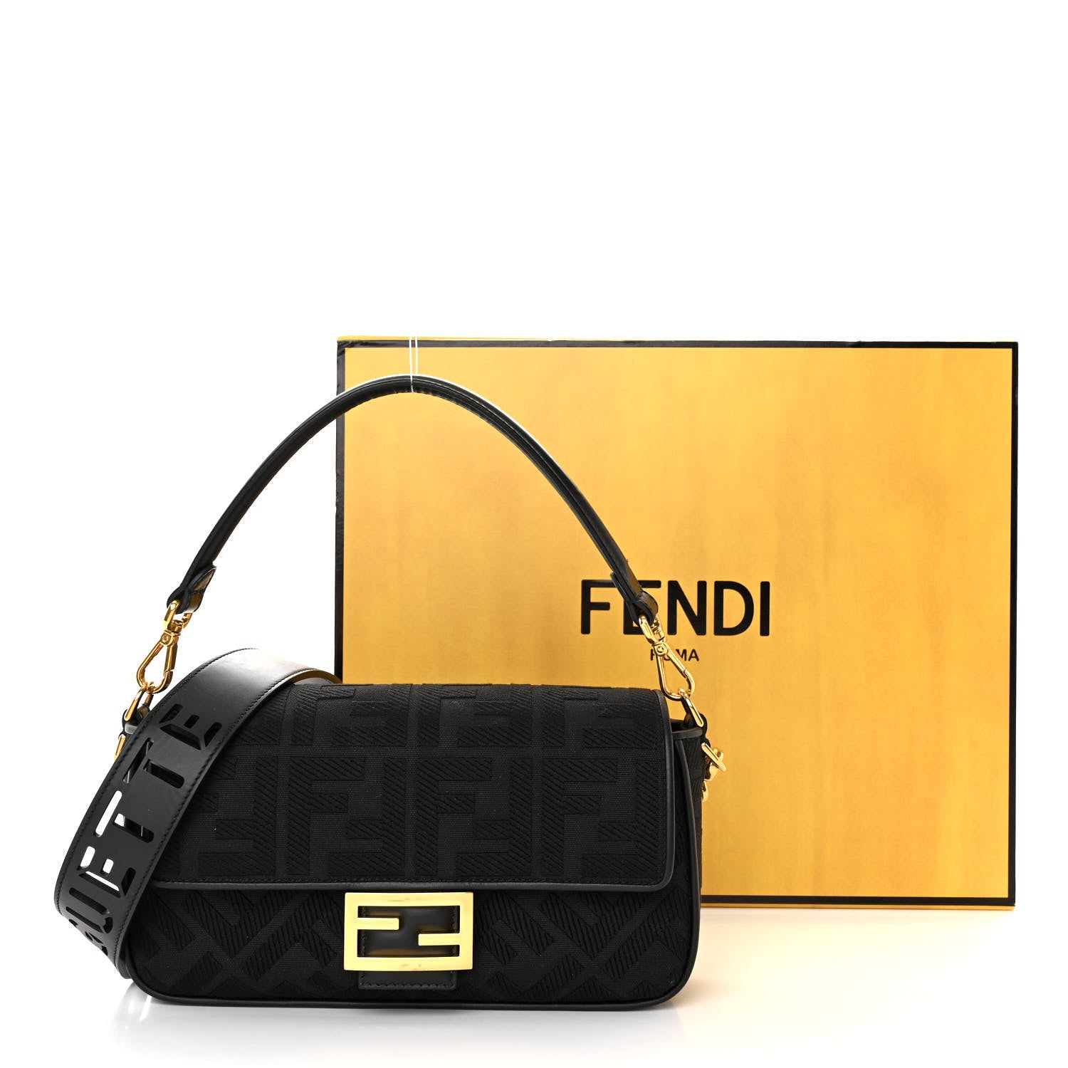 Fendi Canvas Vitello King Extra Strap FF Embroidered Baguette Black 11 of 11